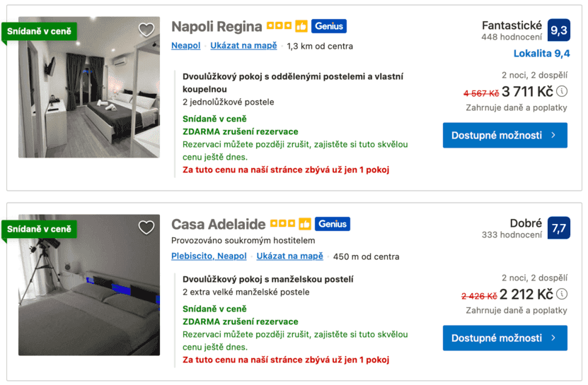 Snímek z rezervačního portálu Booking.com, dvoulůžkový pokoj v Napoli Regina za 3711 Kč a v Casa Adelaide za 2212 Kč.